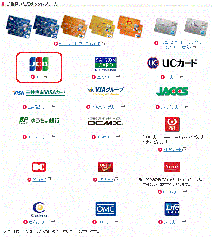 nanacoクレジットチャージ登録可能カード一覧画像